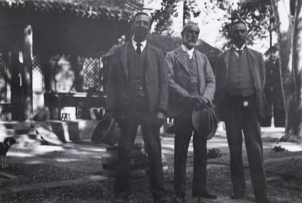 7. Pali-chuang Temple, c. 1908, where Guy had his own ‘suite’ of rooms provided by the Buddhist monks for his week-end retreat. From left, Harry, Guy, Walter.