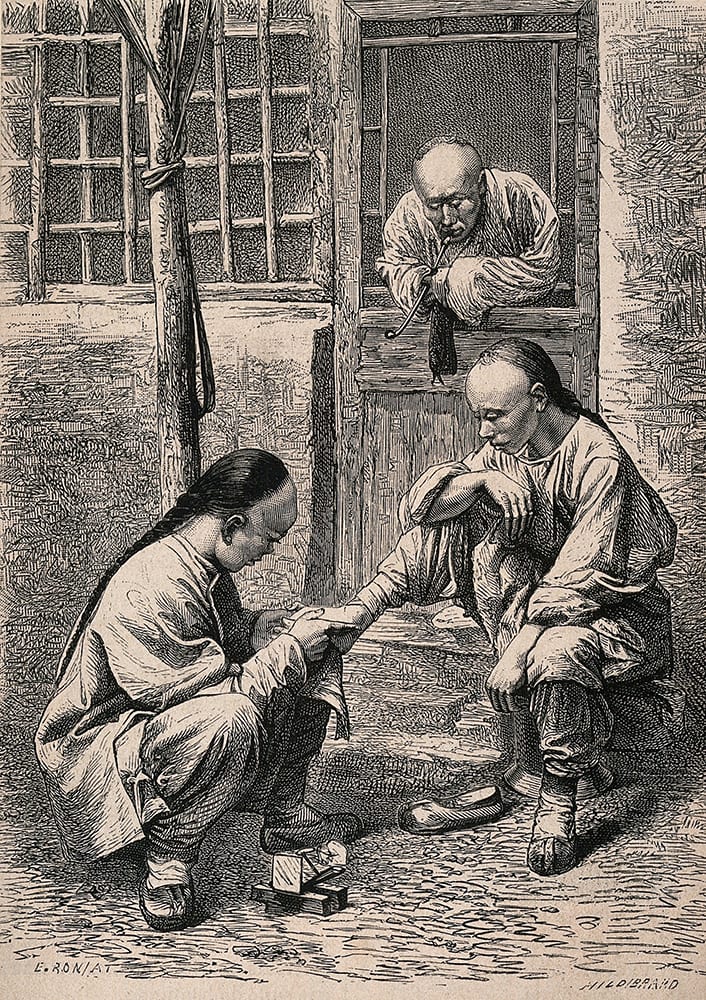 Fig. 9. Travelling chiropodists: a wood engraving based on the image at fig. 5. Drawn by E. Ronjat and engraved by T.H. Hildibrand, it formed one of the illustrations in a cheaper more accessible version of <em>Illustrations of China</em>, viz: John Thomson, The Land and People of China: a Short Account of the Geography, Religion, Social Life, Arts Industries and Government of China and its People (London: SPCK, 1876). Credit: Wellcome Collection. CC.BY.