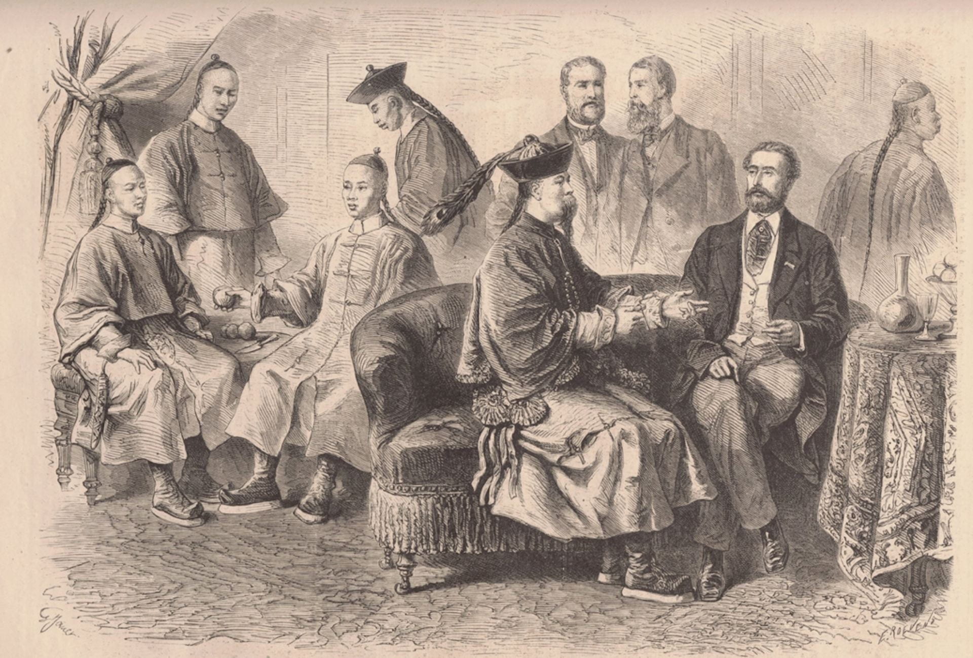 Figure 2: Binchun and the Tongwenguan students at a French salon, 1866, Le Monde illustré, May 19, 1866.