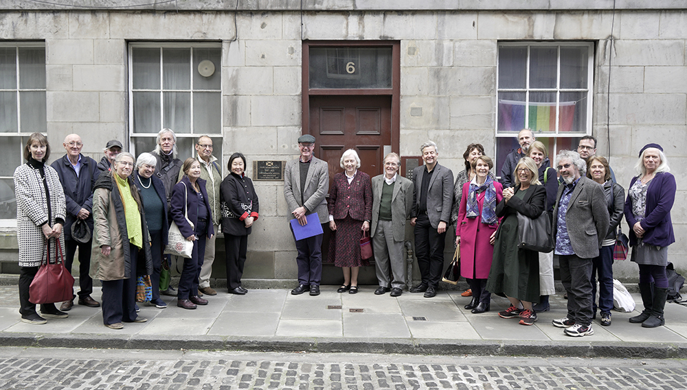 Assembled guests at the plaque event at 6 Brighton Street, Edinburgh EH1 1HD, on 29 September 2021. Photograph by Michael Pritchard.