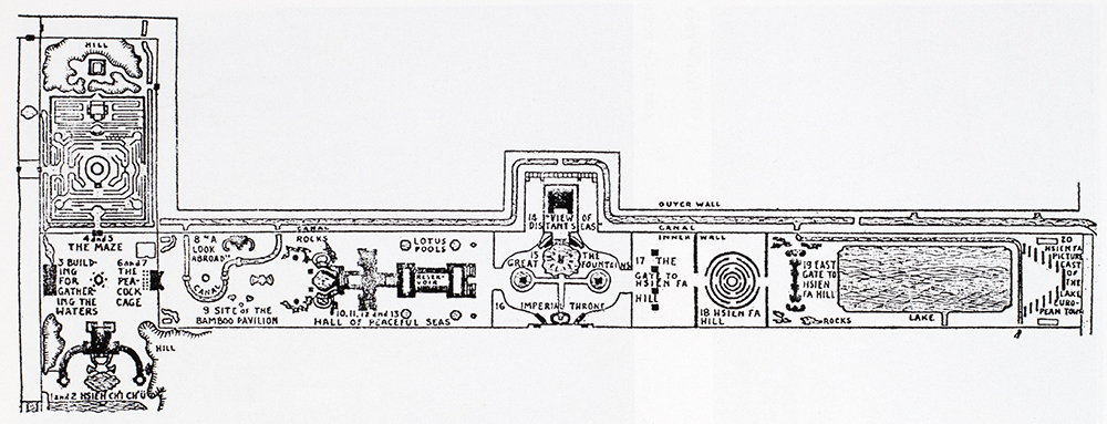Fig. 11: A plan of Xiyanglou (European-style palaces) from ‘History of the Peking Summer Palaces under the Ch’ing Dynasty’ by Carroll Brown Malone (1934), as reproduced in 'La Chine entre le Collodion Humide et le Gelatinobromure' by Bernard Marbot and René Viénet (1978).