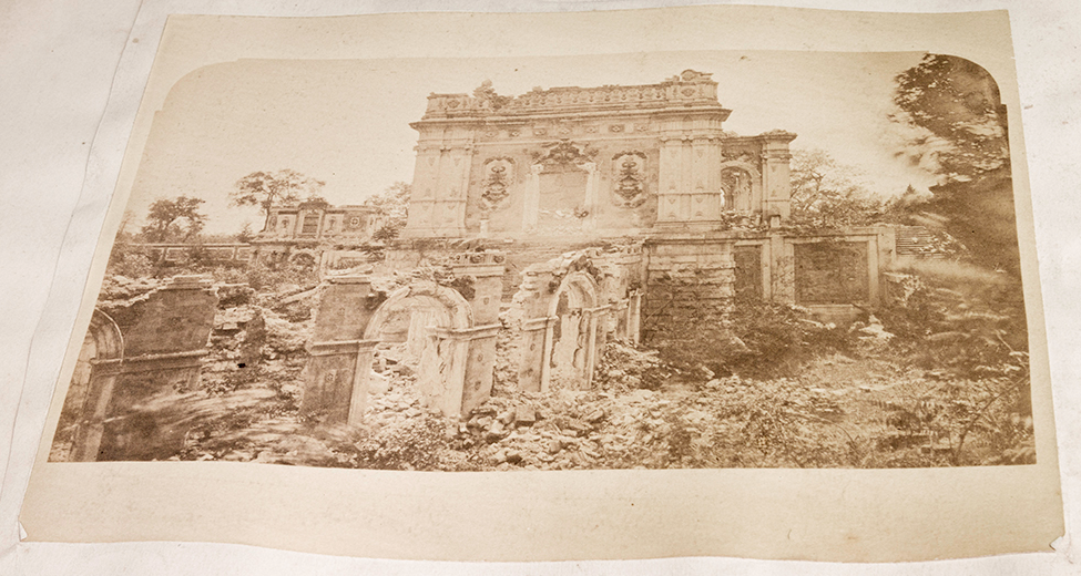 Fig. 7: An example of a print made with an indented round top corner printing mask. This print is in Moore’s album at the Royal BC Museum (ref MS-3171-1 page 68 of the pdf), an album page photographed at an angle. Compare this photograph with similar views of Xieqiqu (Palace of the Delights of Harmony) by Ernst Ohlmer and Thomas Child.