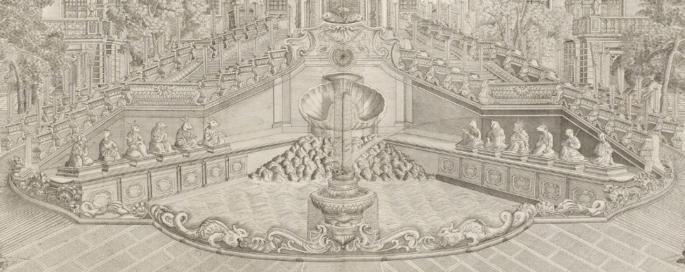 Fig. 9: Part of the copperplate engraving #10, of Haiyantang (Palace of the Calm Seas) by Yi Lantai, 1783-86. The largest of the foreign buildings, with the most elaborate fountains, including the masterpiece of the French Jesuit, Michel Benoist S.J. – a water clock which featured twelve bronze, seated, zodiacal figures. The figure of the horse is spouting a stream of water. The hours of the horse are from 11am to 1pm. Other fountains playing on both sides of the pair of stairs.